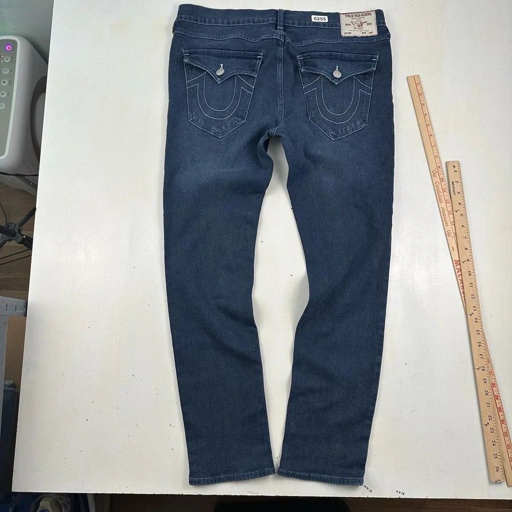 True Religion Rocco SN Relaxed Skinny Jeans Men 36x32 Blue Flap Pockets Stretch